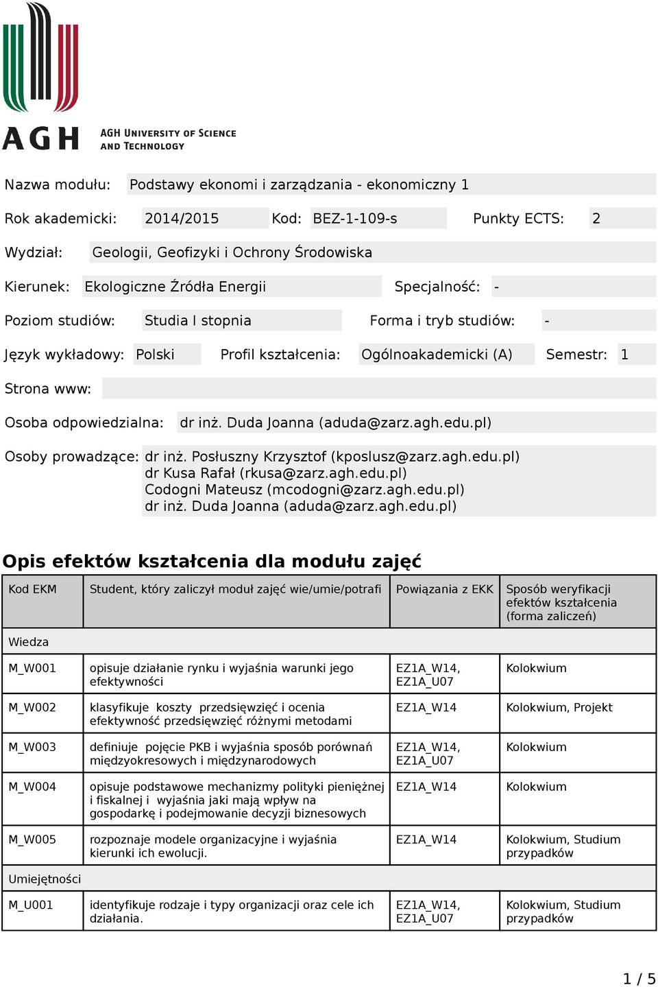 Duda Joanna (aduda@zarz.agh.edu.pl) Osoby prowadzące: dr inż. Posłuszny Krzysztof (kposlusz@zarz.agh.edu.pl) dr Kusa Rafał (rkusa@zarz.agh.edu.pl) Codogni Mateusz (mcodogni@zarz.agh.edu.pl) dr inż.