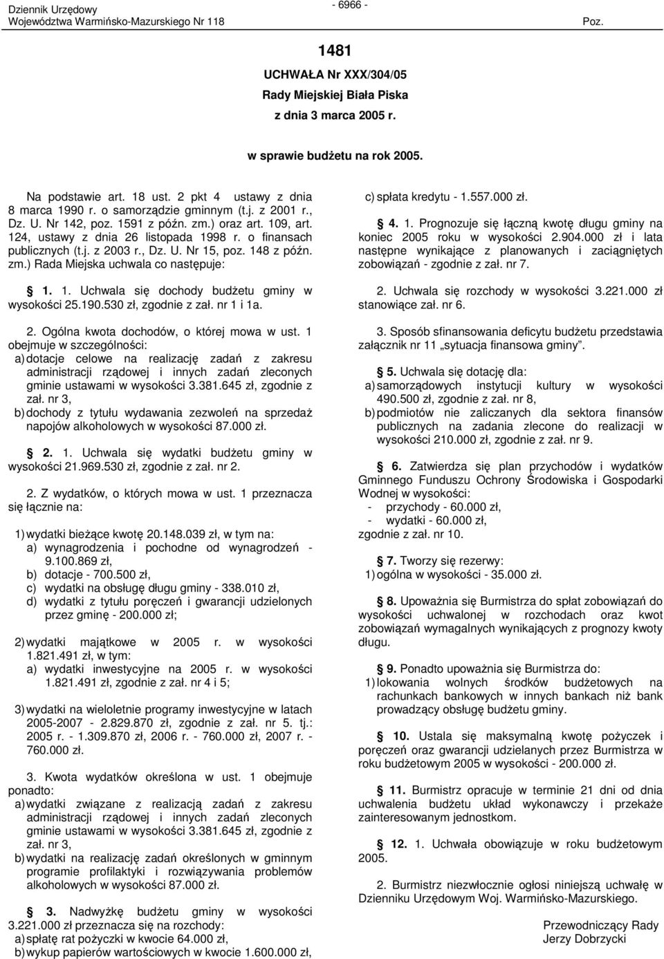 148 z późn. zm.) Rada Miejska uchwala co następuje: 1. 1. Uchwala się dochody budŝetu gminy w wysokości 25.190.530 zł, zgodnie z zał. nr 1 i 1a. 2. Ogólna kwota dochodów, o której mowa w ust.