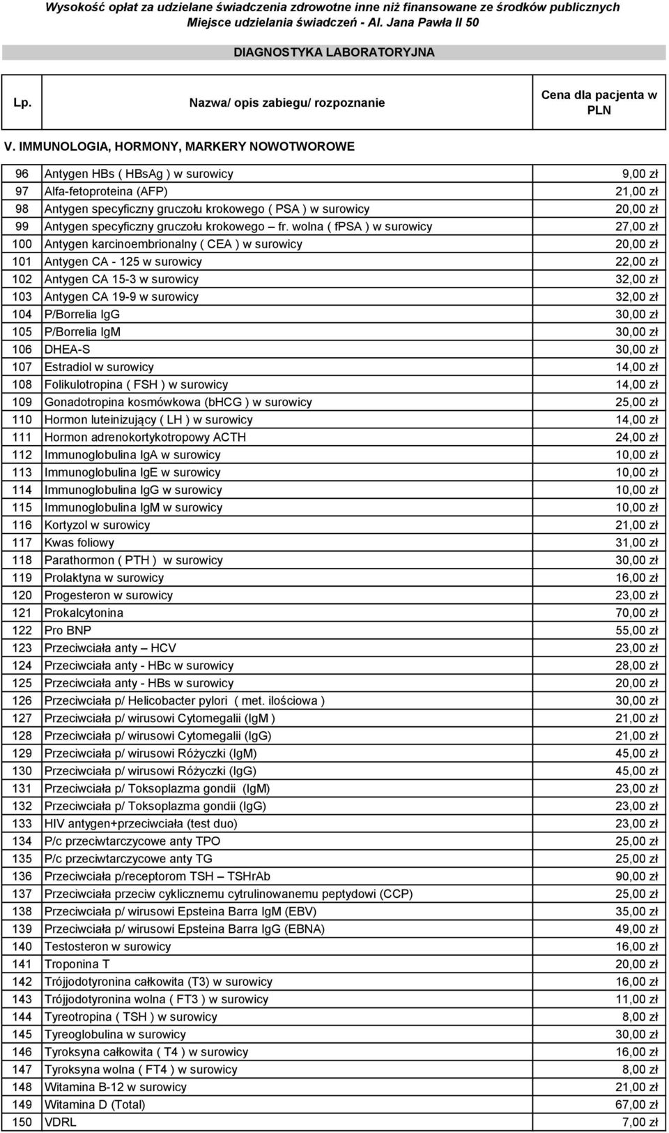 IMMUNOLOGIA, HORMONY, MARKERY NOWOTWOROWE 96 Antygen HBs ( HBsAg ) w surowicy 9,00 zł 97 Alfa-fetoproteina (AFP) 21,00 zł 98 Antygen specyficzny gruczołu krokowego ( PSA ) w surowicy 20,00 zł 99