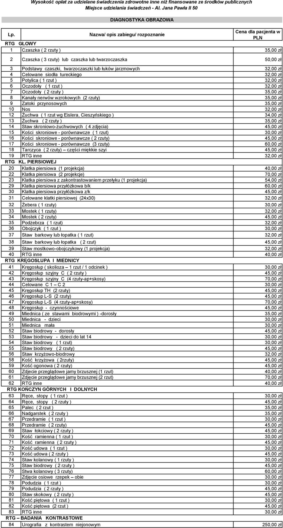 32,00 zł 4 Celowane siodła tureckiego 32,00 zł 5 Potylica ( 1 rzut ) 32,00 zł 6 Oczodoły ( 1 rzut ) 32,00 zł 7 Oczodoły ( 2 rzuty ) 35,00 zł 8 Kanały nerwów wzrokowych (2 rzuty) 35,00 zł 9 Zatoki