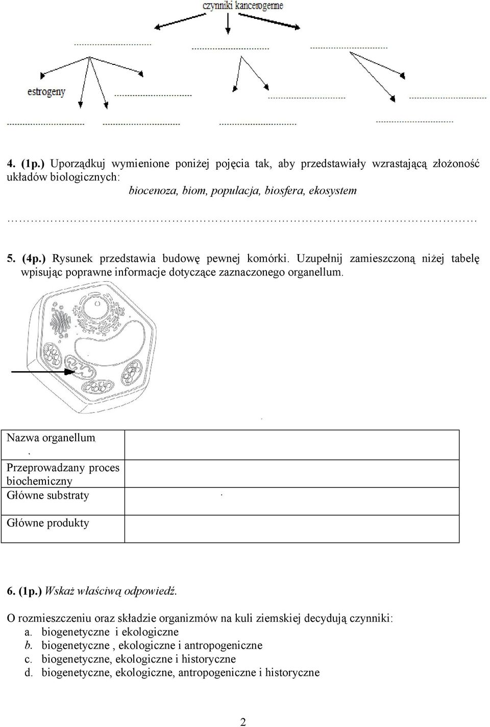 Nazwa organellum Przeprowadzany proces biochemiczny Główne substraty Główne produkty 6. (1p.) Wskaż właściwą odpowiedź.