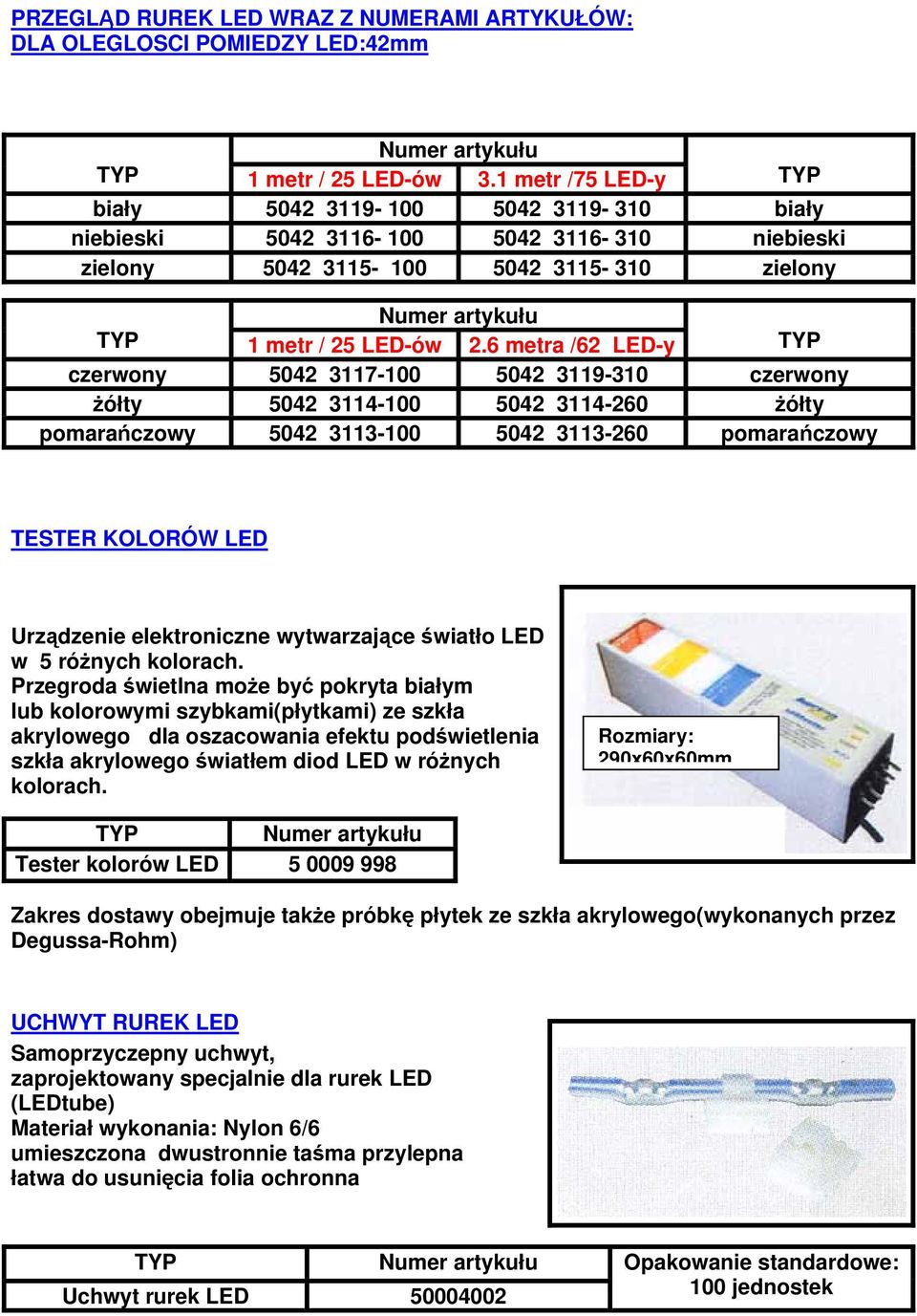 6 metra /62 LED-y TYP czerwony 5042 3117-100 5042 3119-310 czerwony żółty 5042 3114-100 5042 3114-260 żółty pomarańczowy 5042 3113-100 5042 3113-260 pomarańczowy TESTER KOLORÓW LED Urządzenie