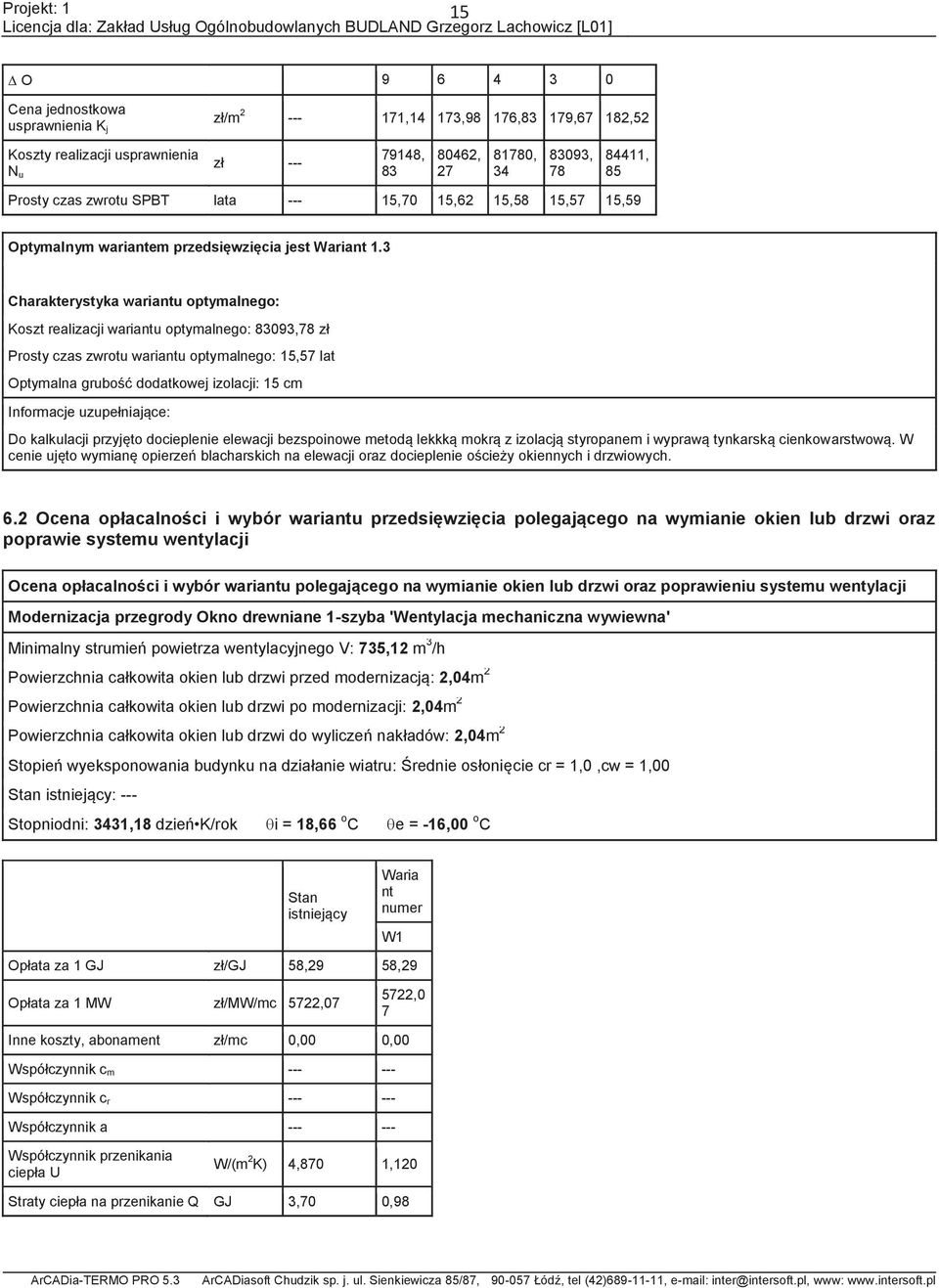 3 Charakterystyka wariantu optymalnego: Koszt realizacji wariantu optymalnego: 83093,8 zł Prosty czas zwrotu wariantu optymalnego: 15,5 lat Optymalna grubość dodatkowej izolacji: 15 cm Informacje