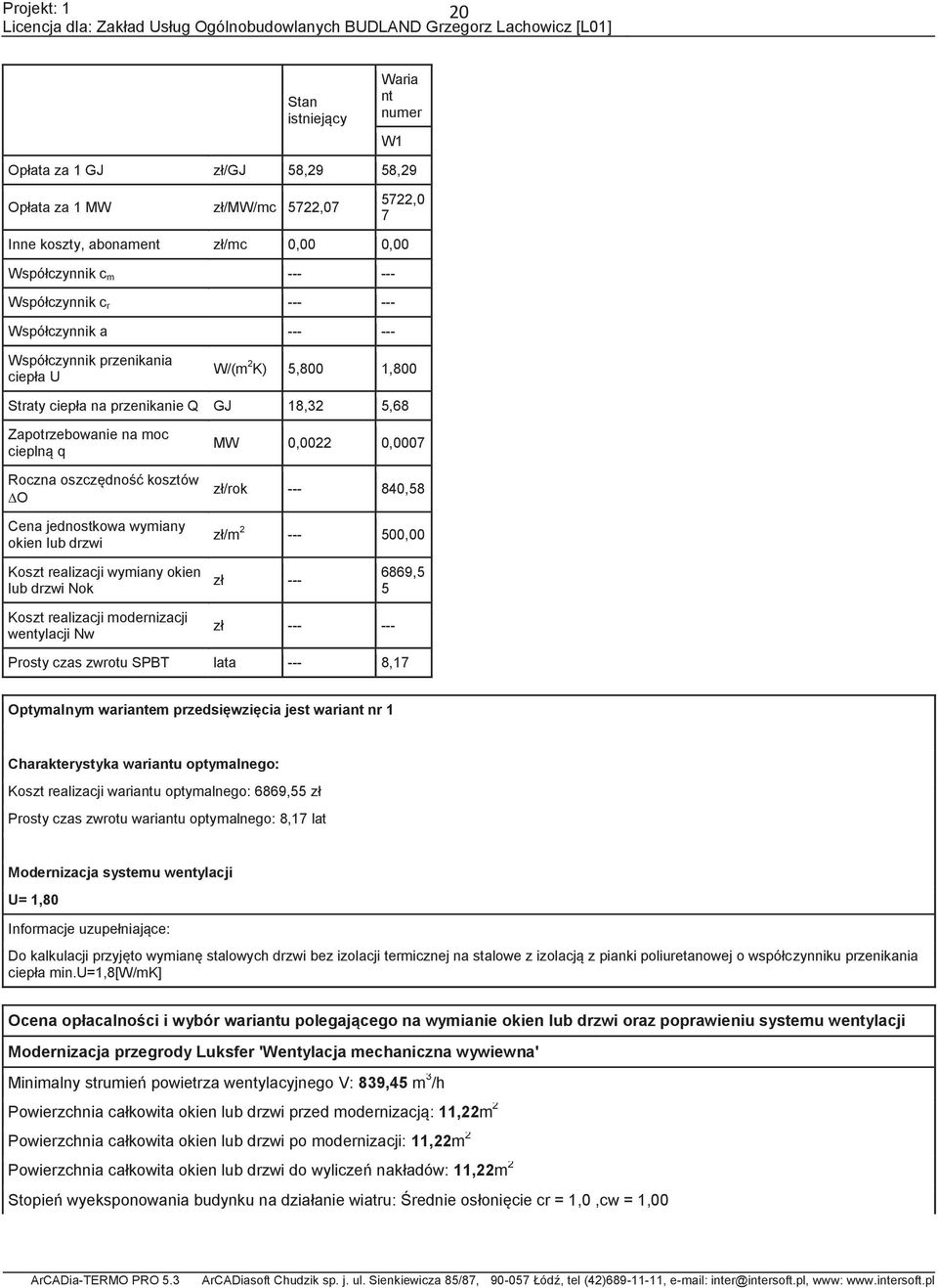 jednostkowa wymiany okien lub drzwi MW 0,0022 0,000 zł/rok --- 840,58 zł/m 2 --- 500,00 Koszt realizacji wymiany okien lub drzwi Nok zł --- 6869,5 5 Koszt realizacji modernizacji wentylacji Nw zł ---