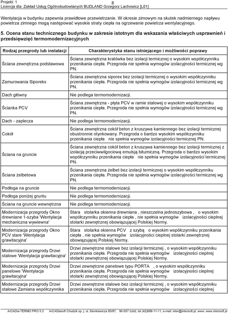 Ocena stanu technicznego budynku w zakresie istotnym dla wskazania właściwych usprawnień i przedsięwzięć termomodernizacyjnych Rodzaj przegrody lub instalacji Ściana zewnętrzna podstawowa Zamurowania