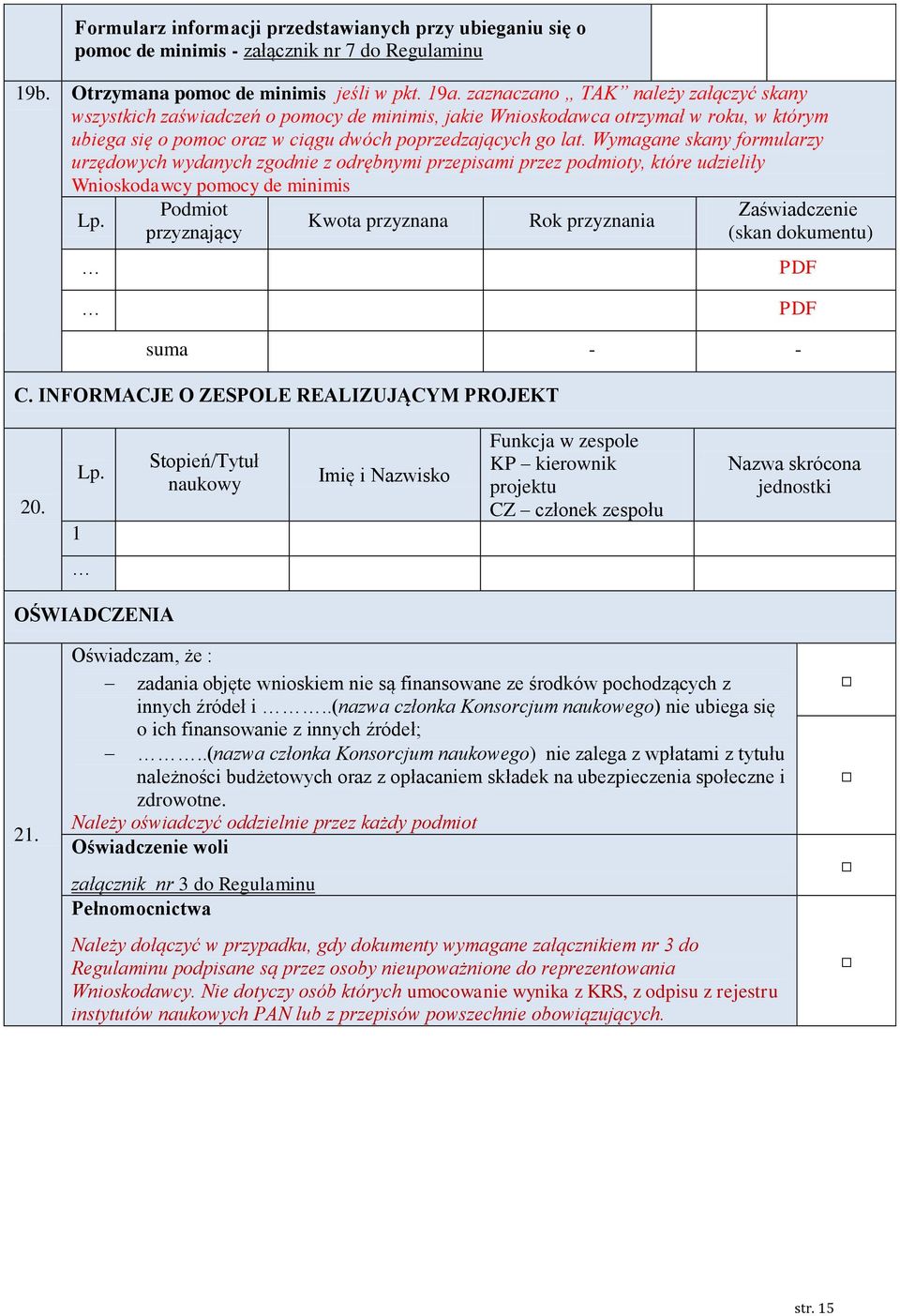 Wymagane skany formularzy urzędowych wydanych zgod z odrębnymi przepisami przez podmioty, które udzieliły Wnioskodawcy pomocy de minimis Lp.