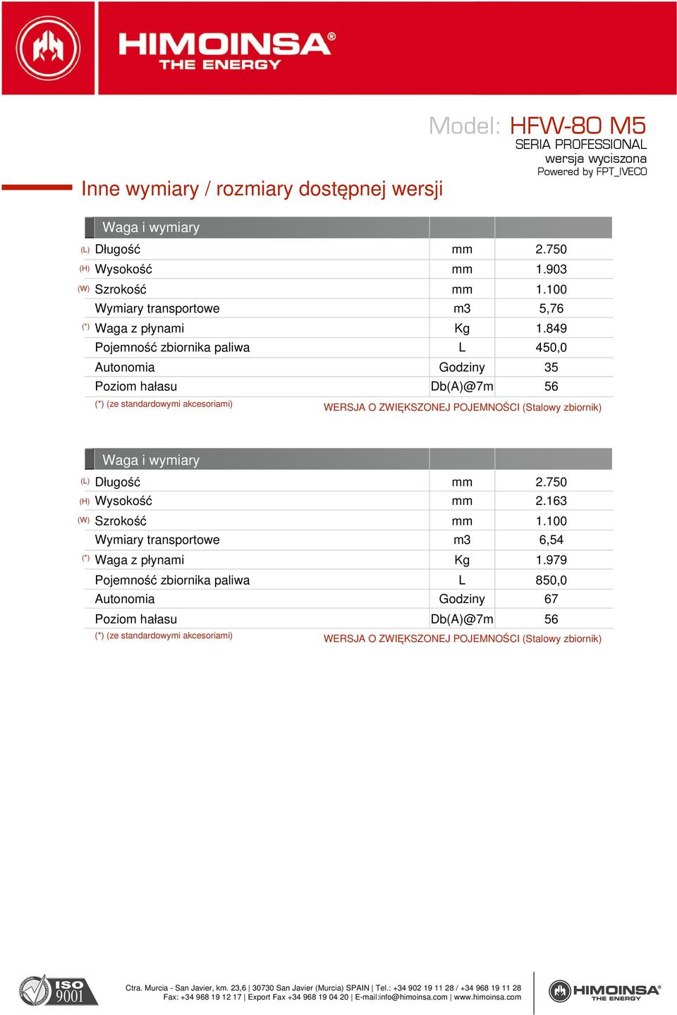 849 Pojemność zbiornika paliwa L 450,0 Autonomia Godziny 35 Poziom hałasu Db(A)@7m 56 (*) (ze standardowymi akcesoriami) WERSJA O ZWIĘKSZONEJ POJEMNOŚCI (Stalowy