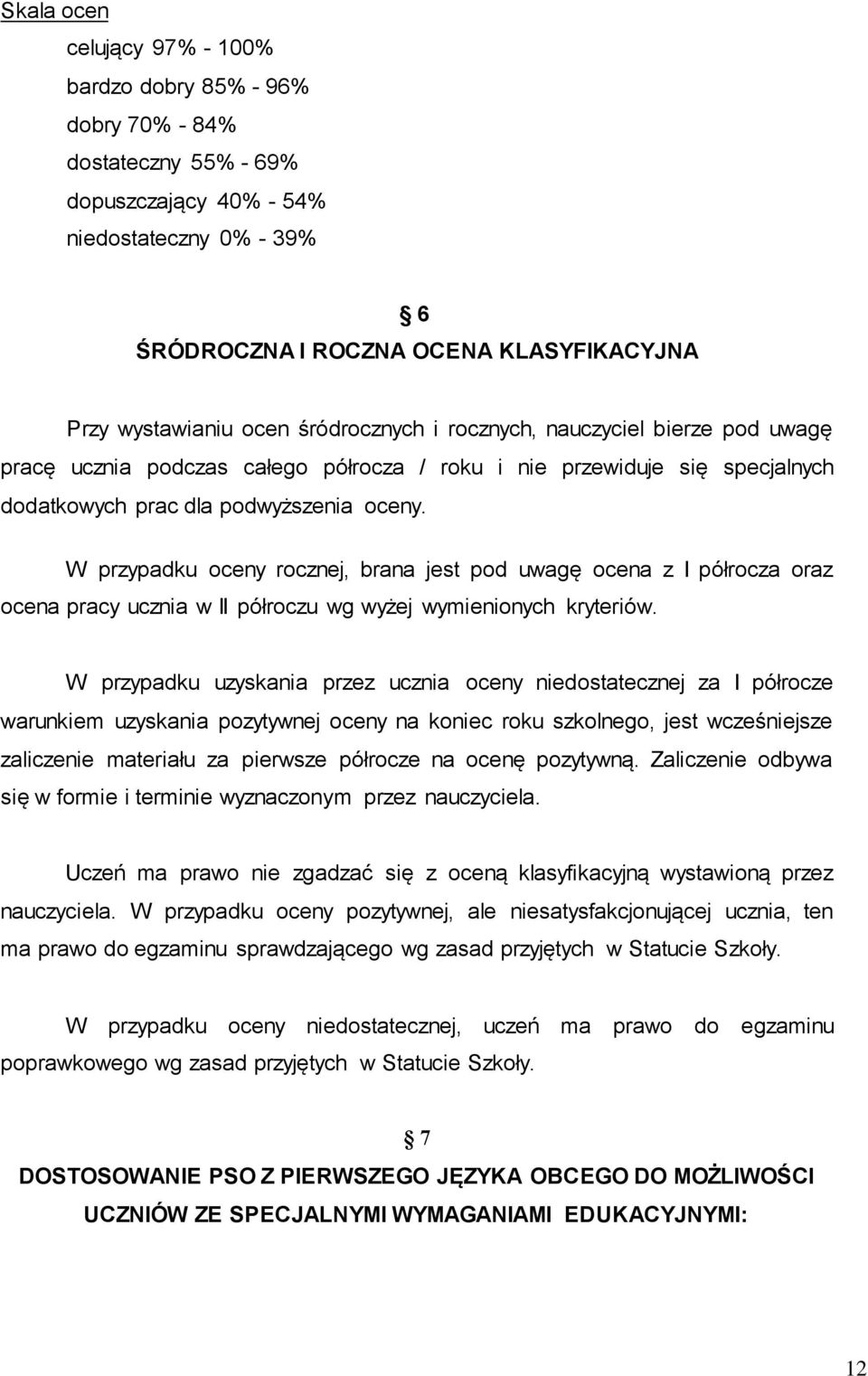 W przypadku oceny rocznej, brana jest pod uwagę ocena z I półrocza oraz ocena pracy ucznia w II półroczu wg wyżej wymienionych kryteriów.