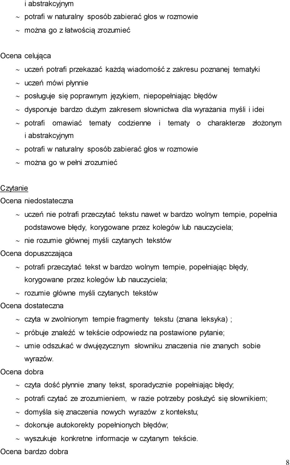 i abstrakcyjnym potrafi w naturalny sposób zabierać głos w rozmowie można go w pełni zrozumieć Czytanie Ocena niedostateczna uczeń nie potrafi przeczytać tekstu nawet w bardzo wolnym tempie, popełnia