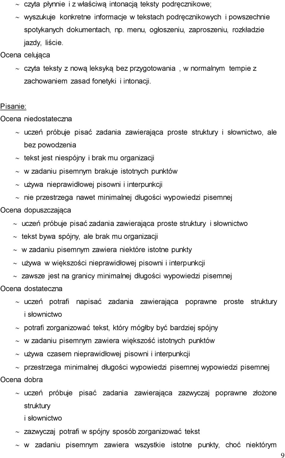 Pisanie: Ocena niedostateczna uczeń próbuje pisać zadania zawierająca proste struktury i słownictwo, ale bez powodzenia tekst jest niespójny i brak mu organizacji w zadaniu pisemnym brakuje istotnych