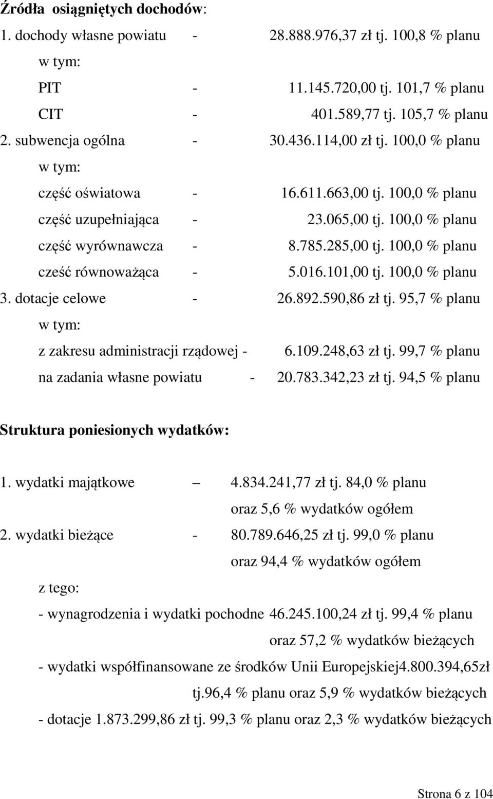 100,0 % planu cześć równoważąca - 5.016.101,00 tj. 100,0 % planu 3. dotacje celowe - 26.892.590,86 zł tj. 95,7 % planu w tym: z zakresu administracji rządowej - 6.109.248,63 zł tj.