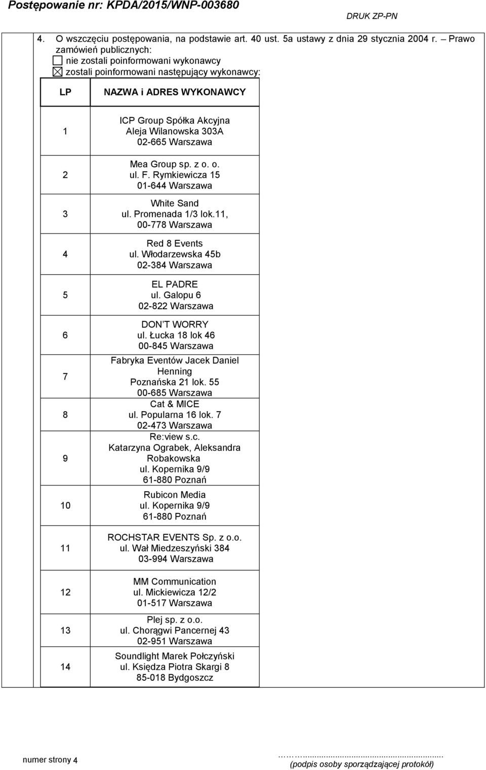Wilanowska 303A 02-665 Warszawa Mea Group sp. z o. o. ul. F. Rymkiewicza 15 01-644 Warszawa White Sand ul. Promenada 1/3 lok.11, 00-778 Warszawa Red 8 Events ul.
