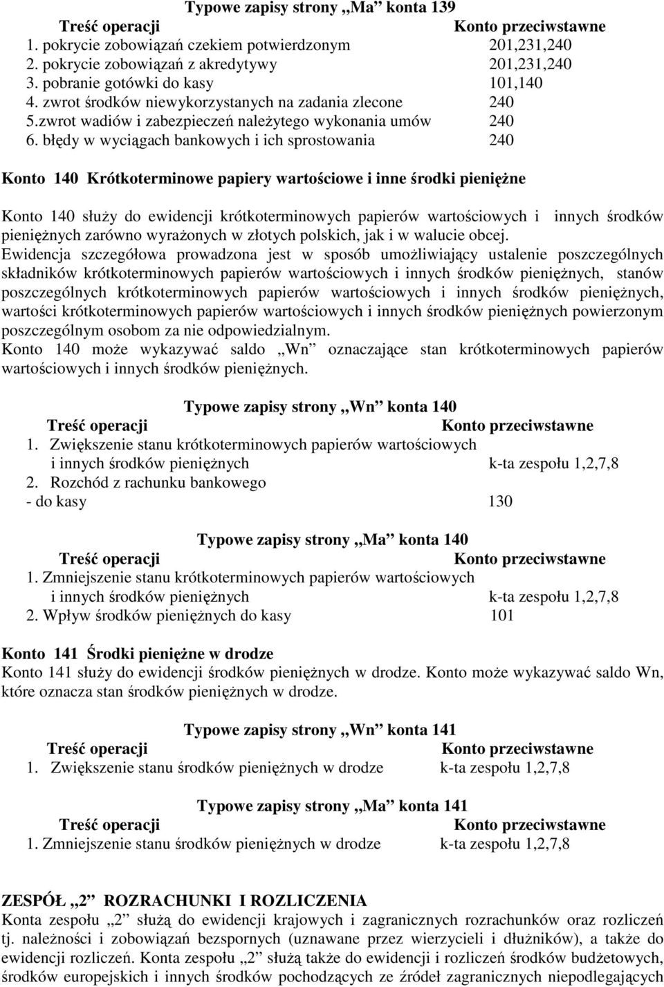 błędy w wyciągach bankowych i ich sprostowania 240 Konto 140 Krótkoterminowe papiery wartościowe i inne środki pieniężne Konto 140 służy do ewidencji krótkoterminowych papierów wartościowych i innych