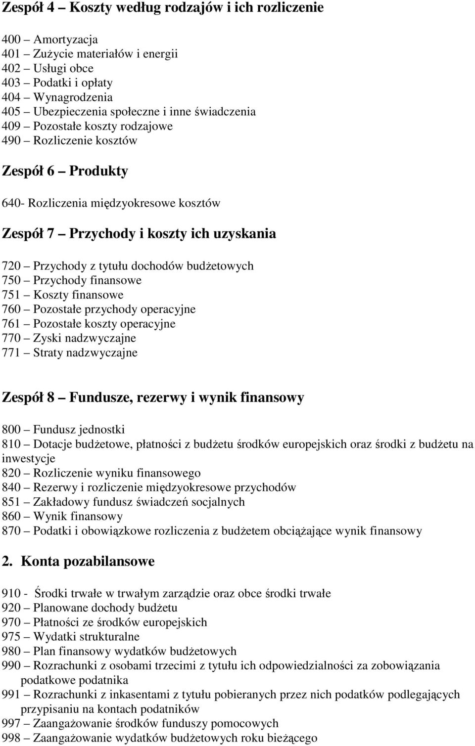 budżetowych 750 Przychody finansowe 751 Koszty finansowe 760 Pozostałe przychody operacyjne 761 Pozostałe koszty operacyjne 770 Zyski nadzwyczajne 771 Straty nadzwyczajne Zespół 8 Fundusze, rezerwy i