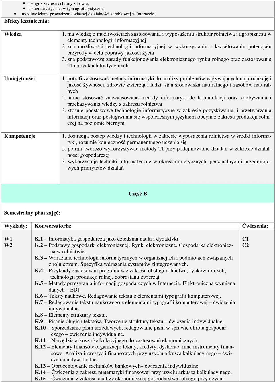 zna możliwości technologii informacyjnej w wykorzystaniu i kształtowaniu potencjału przyrody w celu poprawy jakości życia 3.