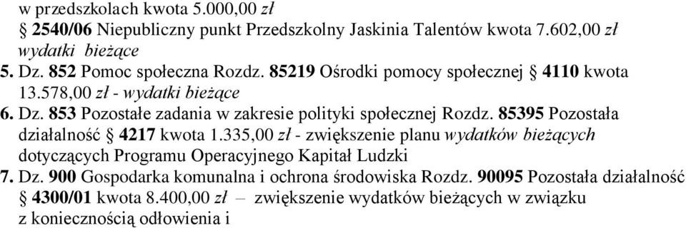 85395 Pozostała działalność 4217 kwota 1.335,00 zł - zwiększenie planu wydatków bieżących dotyczących Programu Operacyjnego Kapitał Ludzki 7. Dz.