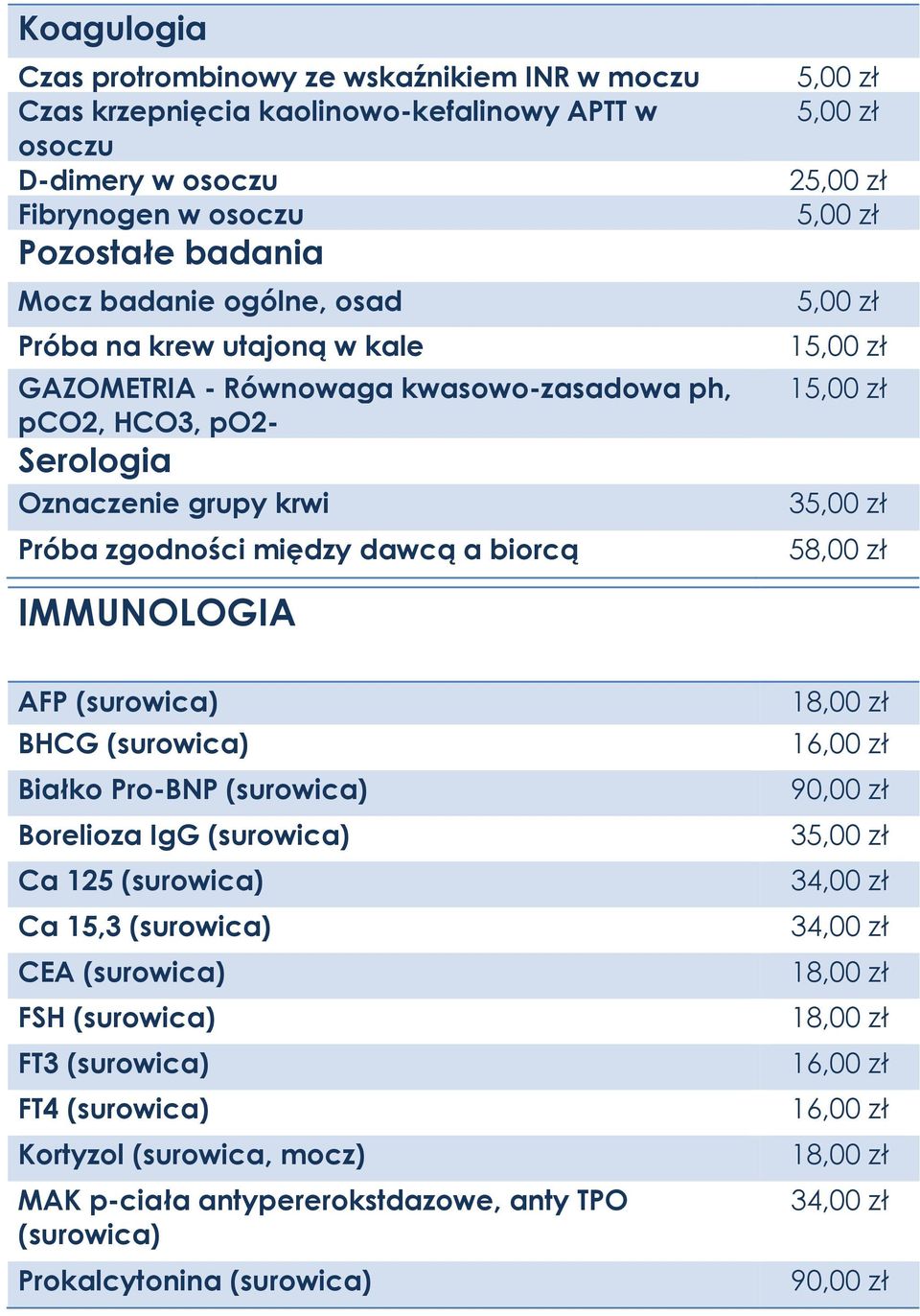 zł 15,00 zł 35,00 zł 58,00 zł IMMUNOLOGIA AFP (surowica) BHCG (surowica) Białko Pro-BNP (surowica) Borelioza IgG (surowica) Ca 125 (surowica) Ca 15,3 (surowica) CEA (surowica) FSH (surowica) FT3