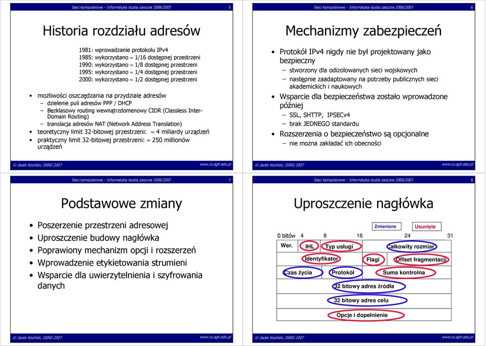 adresów dzielenie puli adresów PPP / DHCP Bezklasowy routing wewnątrzdomenowy CIDR (Classless Inter- Domain Routing) translacja adresów NAT (Network Address Translation) teoretyczny limit 32-bitowej