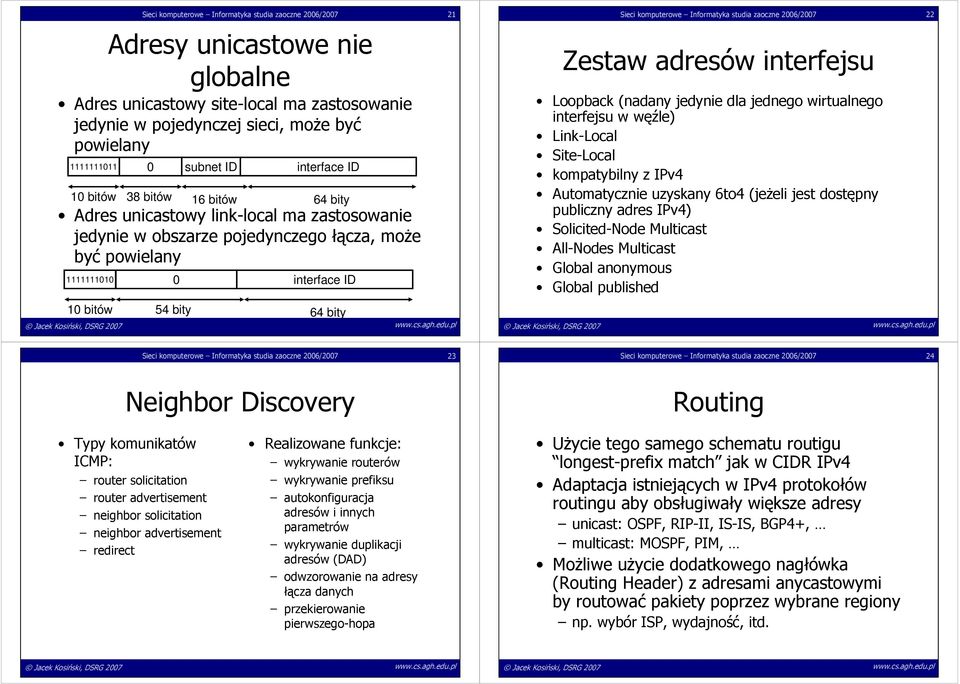 zaoczne 2006/2007 22 Zestaw adresów interfejsu Loopback (nadany jedynie dla jednego wirtualnego interfejsu w węźle) Link-Local Site-Local kompatybilny z IPv4 Automatycznie uzyskany 6to4 (jeŝeli jest