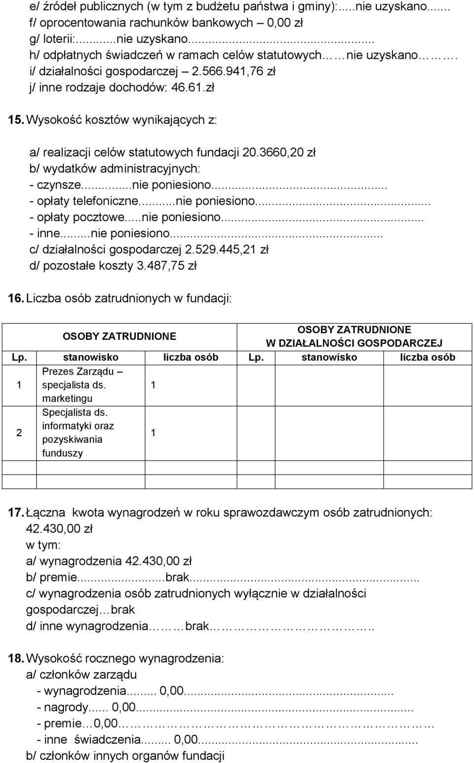 3660,20 zł b/ wydatków administracyjnych: - czynsze...nie poniesiono... - opłaty telefoniczne...nie poniesiono... - opłaty pocztowe...nie poniesiono... - inne...nie poniesiono... c/ działalności gospodarczej 2.