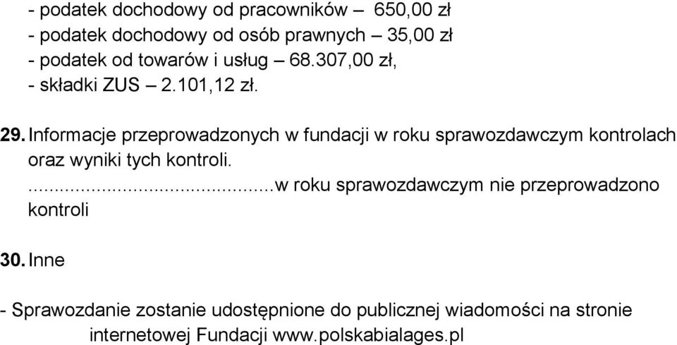 Informacje przeprowadzonych w fundacji w roku sprawozdawczym kontrolach oraz wyniki tych kontroli.