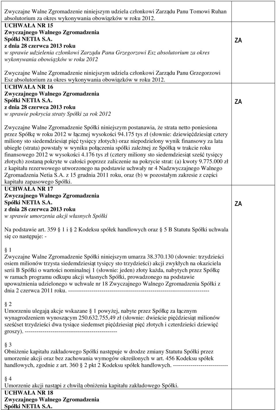 okres. UCHWAŁA NR 16 w sprawie pokrycia straty Spółki za rok 2012 Zwyczajne Walne Zgromadzenie Spółki niniejszym postanawia, że strata netto poniesiona przez Spółkę w roku 2012 w łącznej wysokości 94.