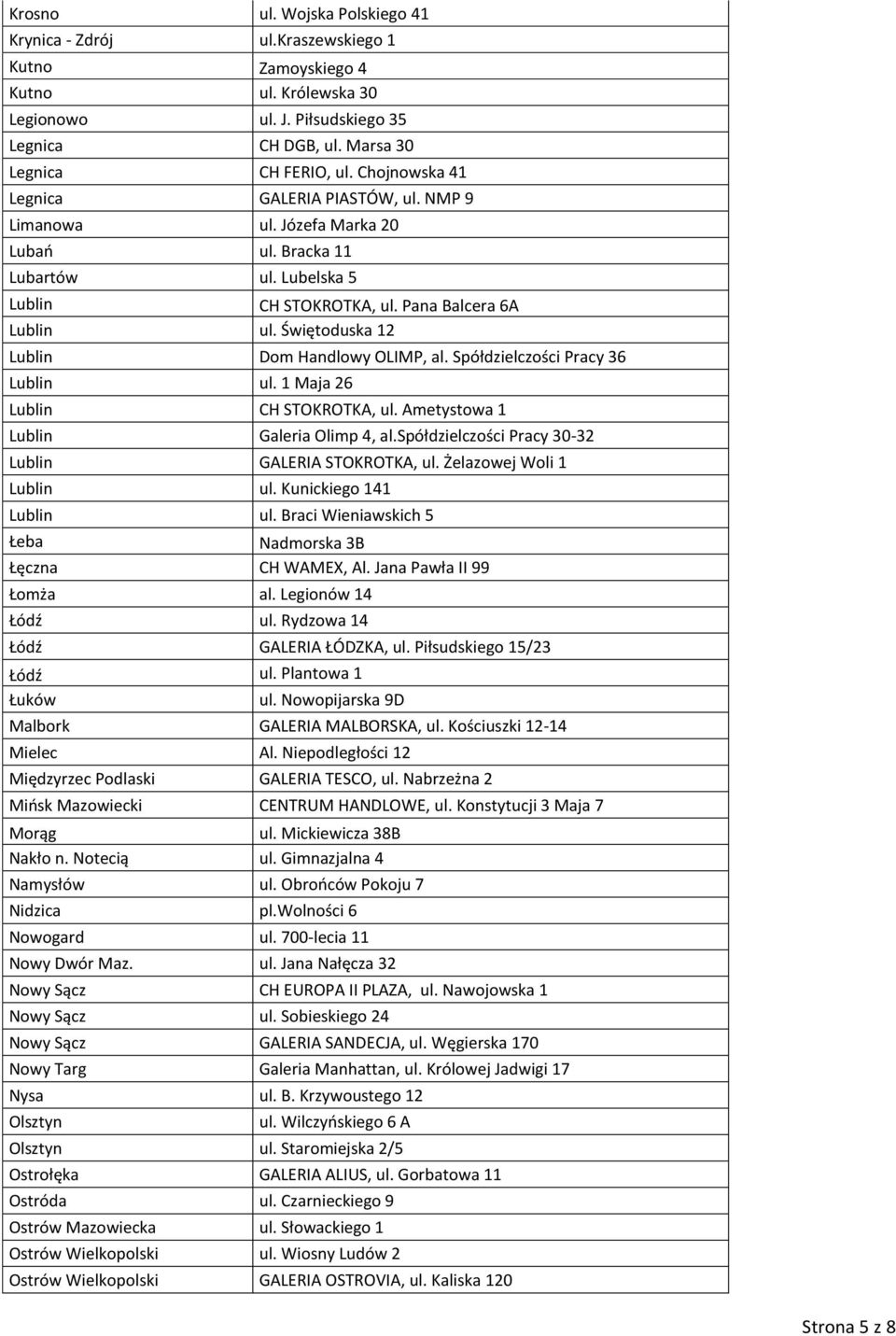 Świętoduska 12 Lublin Dom Handlowy OLIMP, al. Spółdzielczości Pracy 36 Lublin ul. 1 Maja 26 Lublin CH STOKROTKA, ul. Ametystowa 1 Lublin Galeria Olimp 4, al.