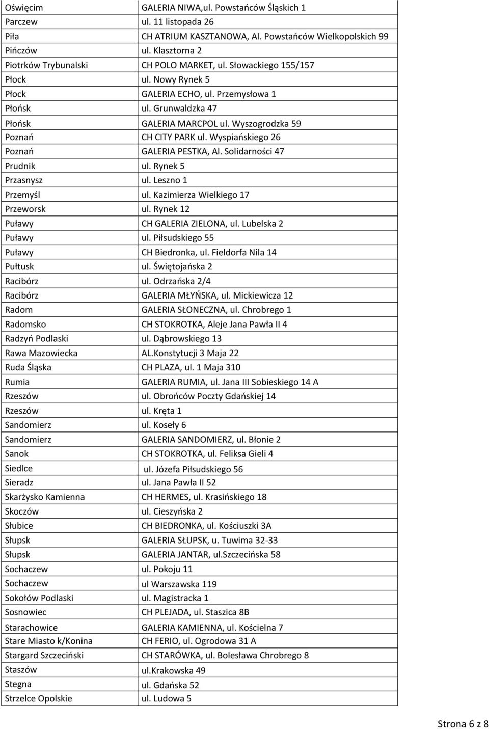Wyszogrodzka 59 Poznań CH CITY PARK ul. Wyspiańskiego 26 Poznań GALERIA PESTKA, Al. Solidarności 47 Prudnik ul. Rynek 5 Przasnysz ul. Leszno 1 Przemyśl ul. Kazimierza Wielkiego 17 Przeworsk ul.