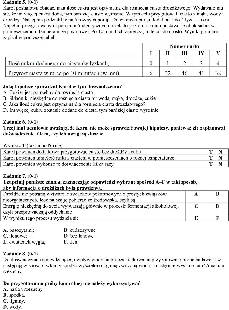 Napełnił przygotowanymi porcjami 5 identycznych rurek do poziomu 5 cm i postawił je obok siebie w pomieszczeniu o temperaturze pokojowej. Po 10 minutach zmierzył, o ile ciasto urosło.