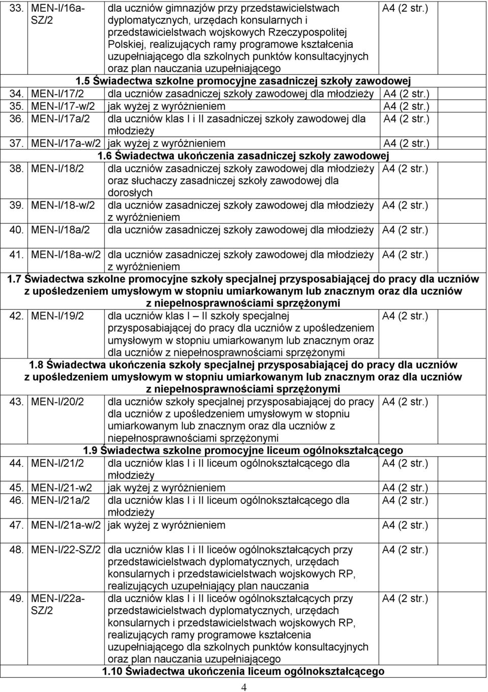 MEN-I/17/2 dla uczniów zasadniczej szkoły zawodowej dla młodzieży 35. MEN-I/17-w/2 jak wyżej z 36. MEN-I/17a/2 dla uczniów klas I i II zasadniczej szkoły zawodowej dla młodzieży 37.