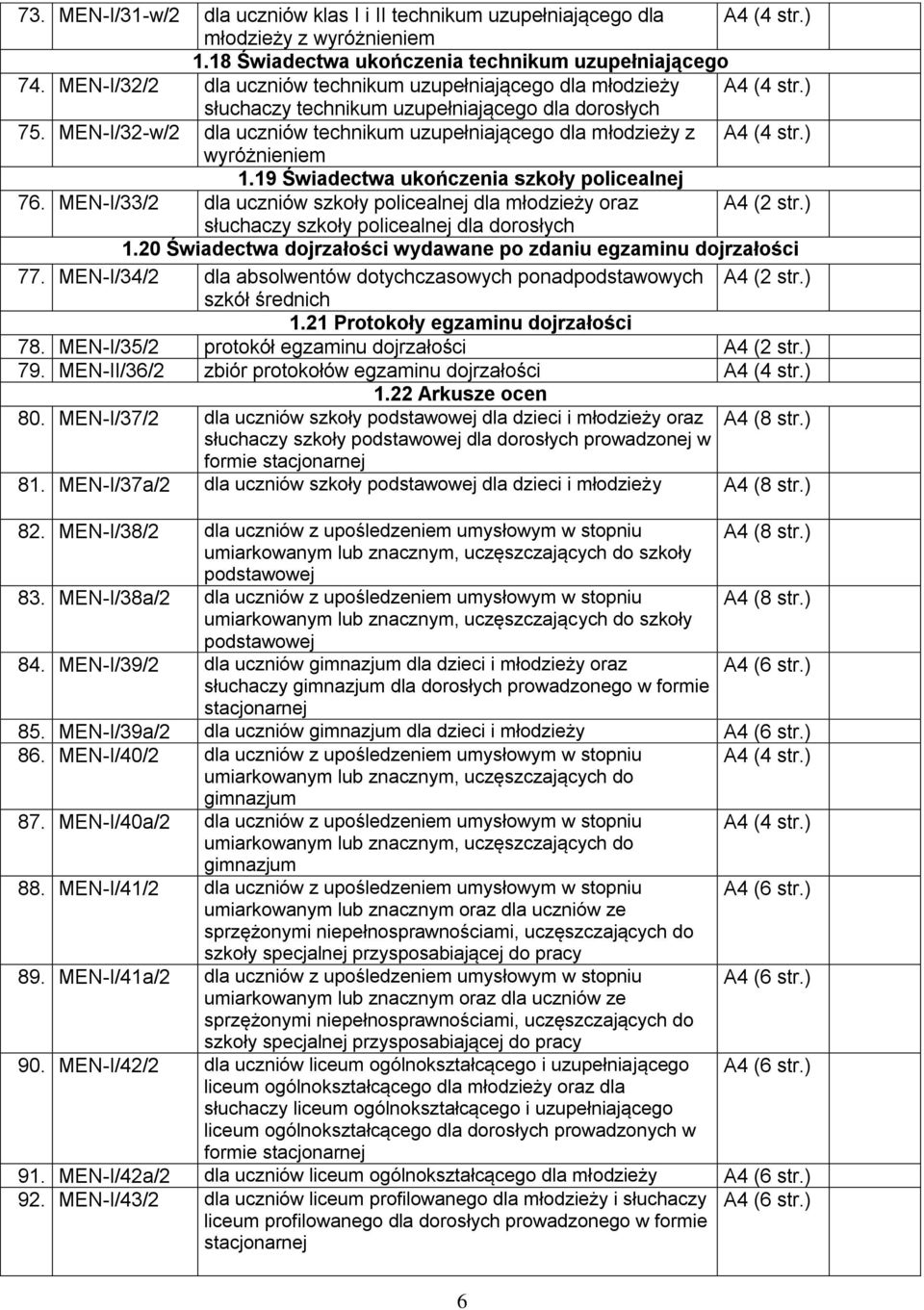 ) 1.19 Świadectwa ukończenia szkoły policealnej 76. MEN-I/33/2 dla uczniów szkoły policealnej dla młodzieży oraz słuchaczy szkoły policealnej dla dorosłych 1.