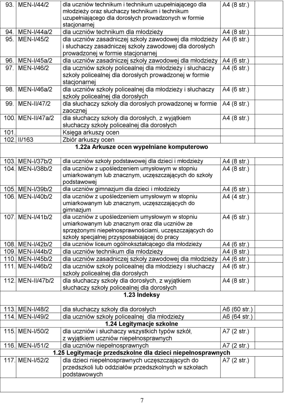 ) i słuchaczy zasadniczej szkoły zawodowej dla dorosłych prowadzonej w formie stacjonarnej 96. MEN-I/45a/2 dla uczniów zasadniczej szkoły zawodowej dla młodzieży (6 str.) 97.