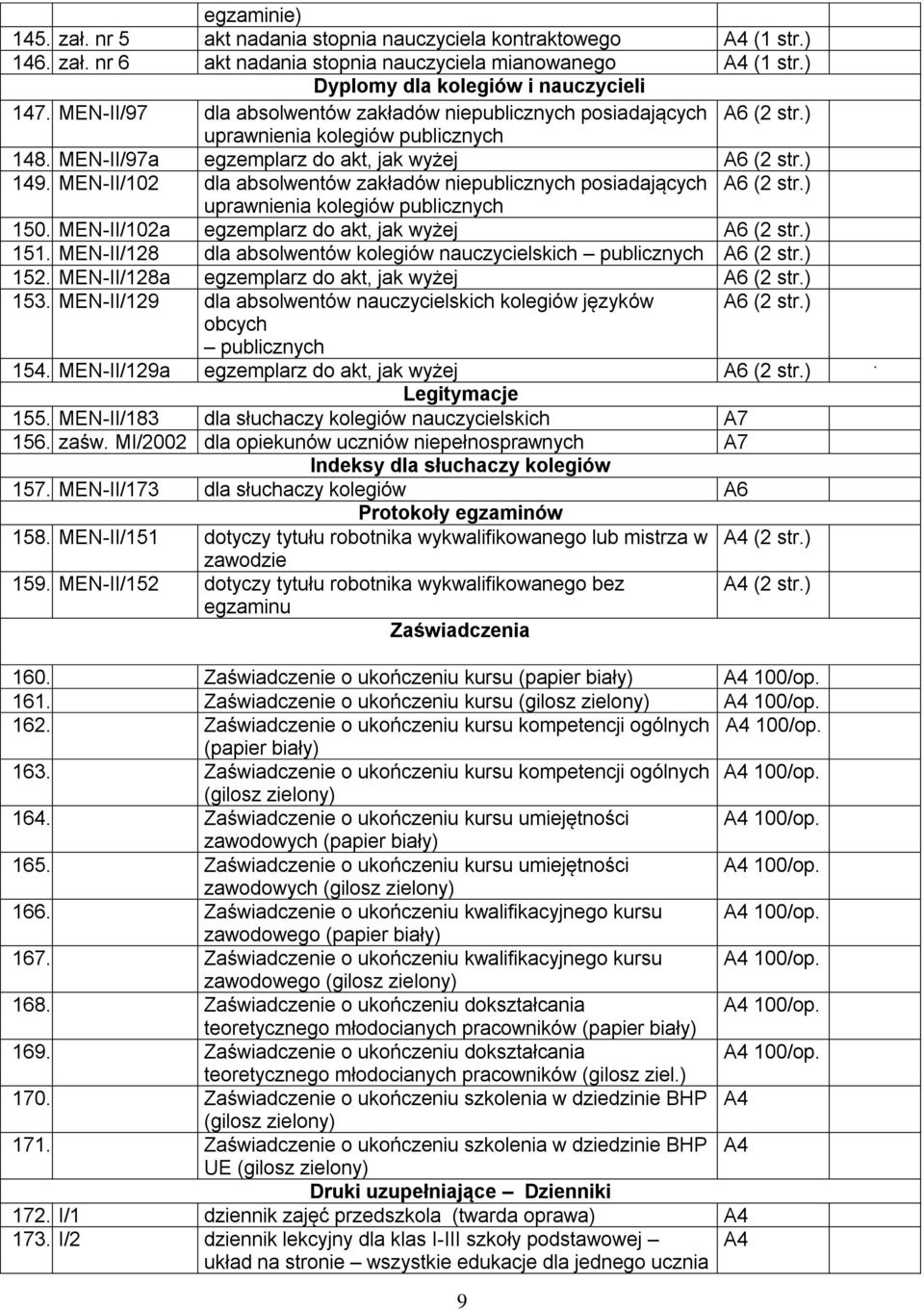 MEN-II/102 dla absolwentów zakładów niepublicznych posiadających A6 (2 str.) uprawnienia kolegiów publicznych 150. MEN-II/102a egzemplarz do akt, jak wyżej A6 (2 str.) 151.