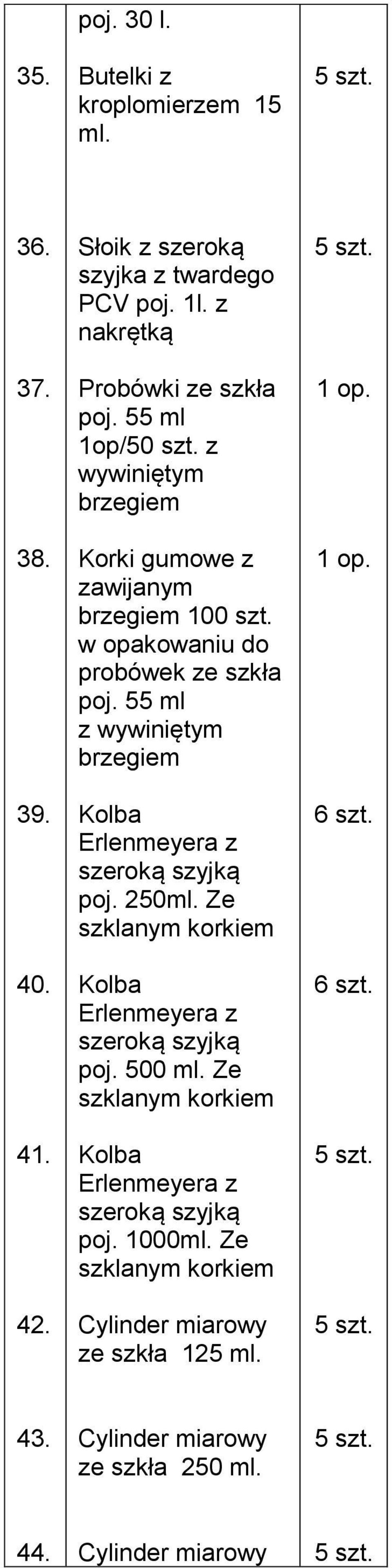 55 ml z wywiniętym brzegiem Kolba Erlenmeyera z szeroką szyjką poj. 250ml. Ze szklanym korkiem Kolba Erlenmeyera z szeroką szyjką poj. 500 ml.