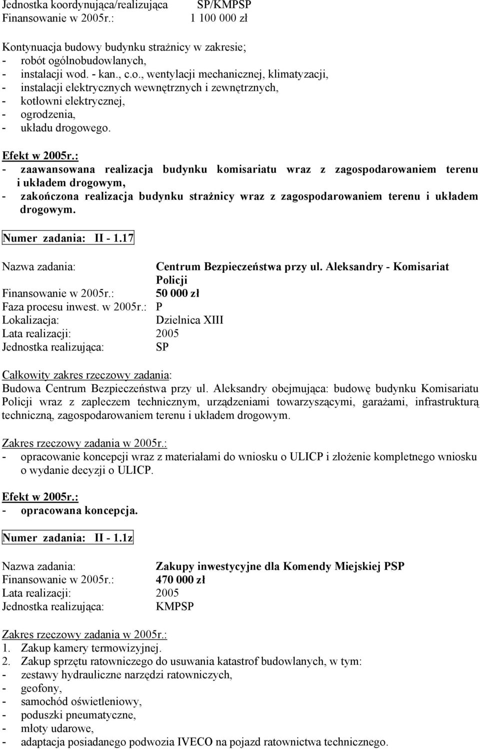 Numer zadania: II - 1.17 Centrum ezpieczeństwa przy ul. Aleksandry - Komisariat olicji 50 000 zł Dzielnica XIII S udowa Centrum ezpieczeństwa przy ul.