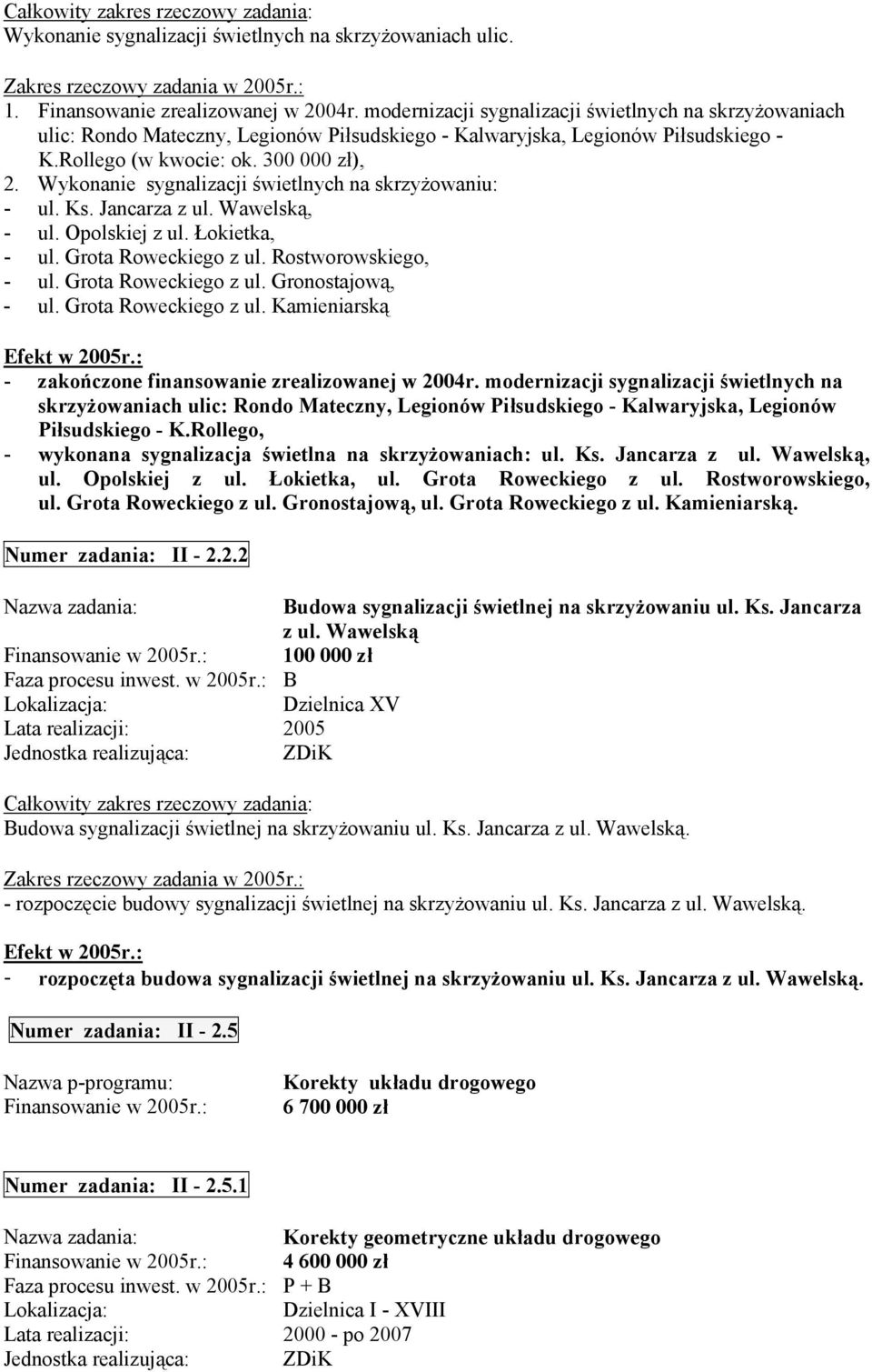 Wykonanie sygnalizacji świetlnych na skrzyżowaniu: - ul. Ks. Jancarza z ul. Wawelską, - ul. Opolskiej z ul. Łokietka, - ul. Grota Roweckiego z ul. Rostworowskiego, - ul. Grota Roweckiego z ul. Gronostajową, - ul.