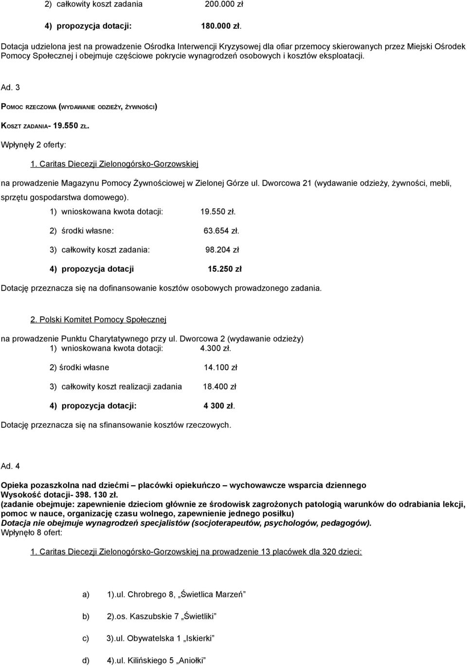 Dotacja udzielona jest na prowadzenie Ośrodka Interwencji Kryzysowej dla ofiar przemocy skierowanych przez Miejski Ośrodek Pomocy Społecznej i obejmuje częściowe pokrycie wynagrodzeń osobowych i