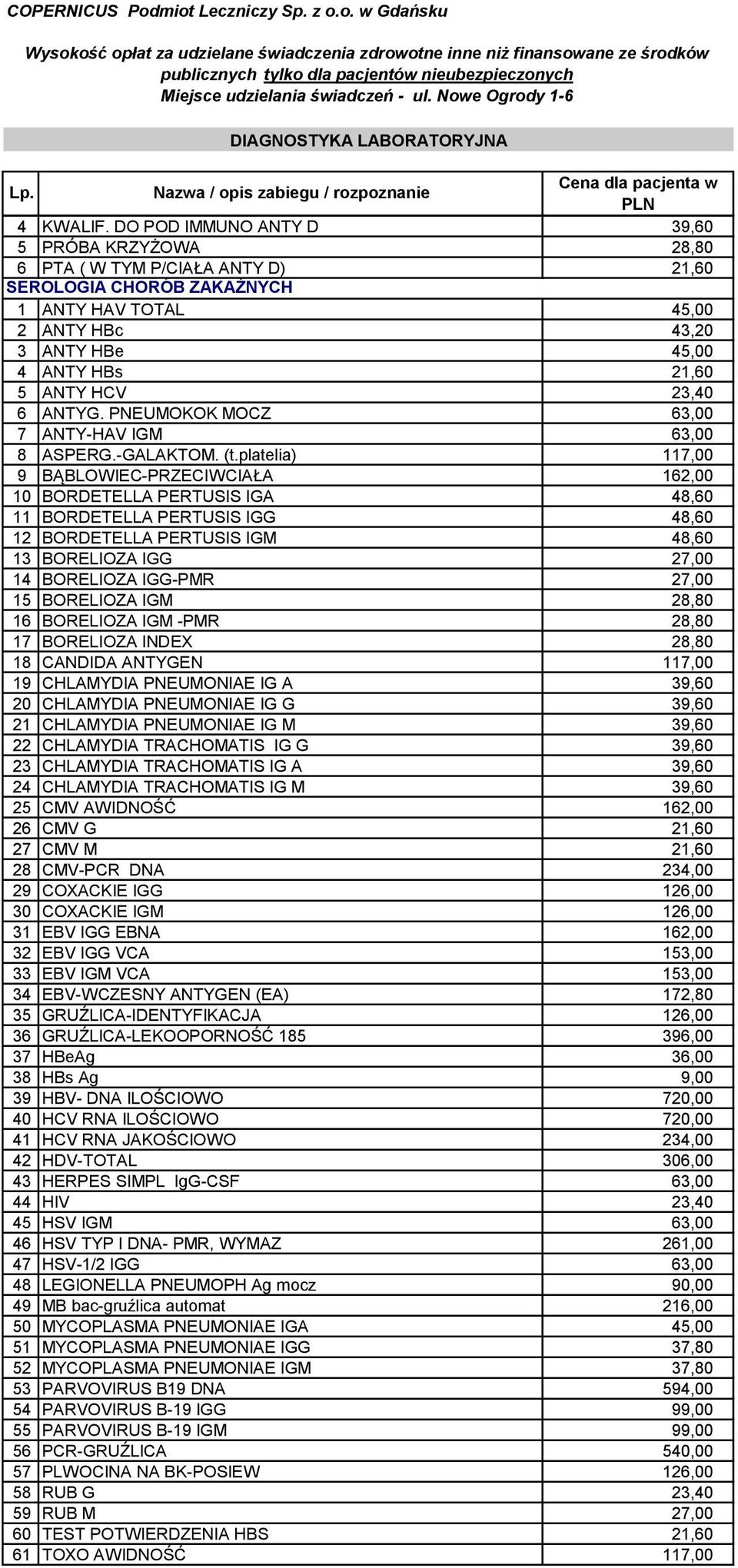 DO POD IMMUNO ANTY D 39,60 5 PRÓBA KRZYŻOWA 28,80 6 PTA ( W TYM P/CIAŁA ANTY D) 21,60 SEROLOGIA CHORÓB ZAKAŹNYCH 1 ANTY HAV TOTAL 45,00 2 ANTY HBc 43,20 3 ANTY HBe 45,00 4 ANTY HBs 21,60 5 ANTY HCV