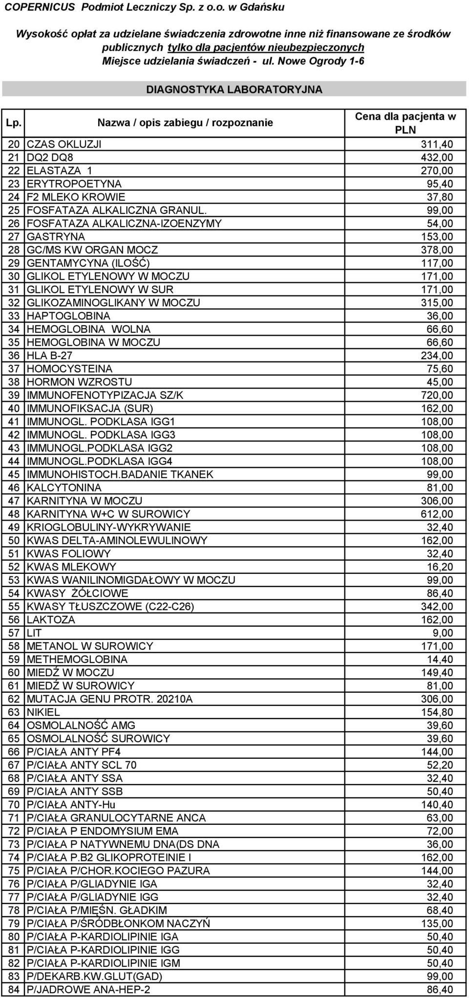 Nazwa / opis zabiegu / rozpoznanie Cena dla pacjenta w PLN 20 CZAS OKLUZJI 311,40 21 DQ2 DQ8 432,00 22 ELASTAZA 1 270,00 23 ERYTROPOETYNA 95,40 24 F2 MLEKO KROWIE 37,80 25 FOSFATAZA ALKALICZNA GRANUL.