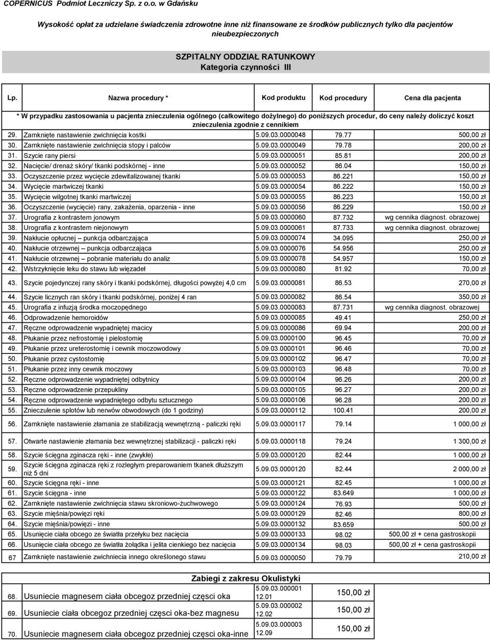 koszt znieczulenia zgodnie z cennikiem 29. Zamknięte nastawienie zwichnięcia kostki 5.09.03.0000048 79.77 500,00 zł 30. Zamknięte nastawienie zwichnięcia stopy i palców 5.09.03.0000049 79.