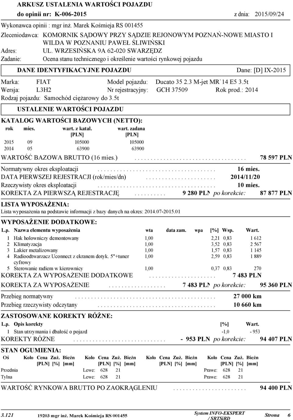 WRZESIŃSKA 9A 6-00 SWARZĘDZ Zadanie: Ocena stanu technicznego i określenie wartości rynkowej pojazdu DANE IDENTYFIKACYJNE POJAZDU Dane: [D] IX-05 Marka: FIAT Model pojazdu: Wersja: LH Nr