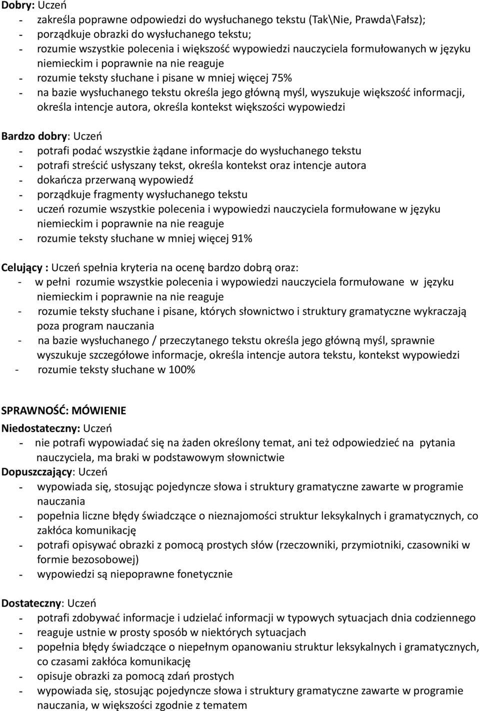 większość informacji, określa intencje autora, określa kontekst większości wypowiedzi - potrafi podać wszystkie żądane informacje do wysłuchanego tekstu - potrafi streścić usłyszany tekst, określa