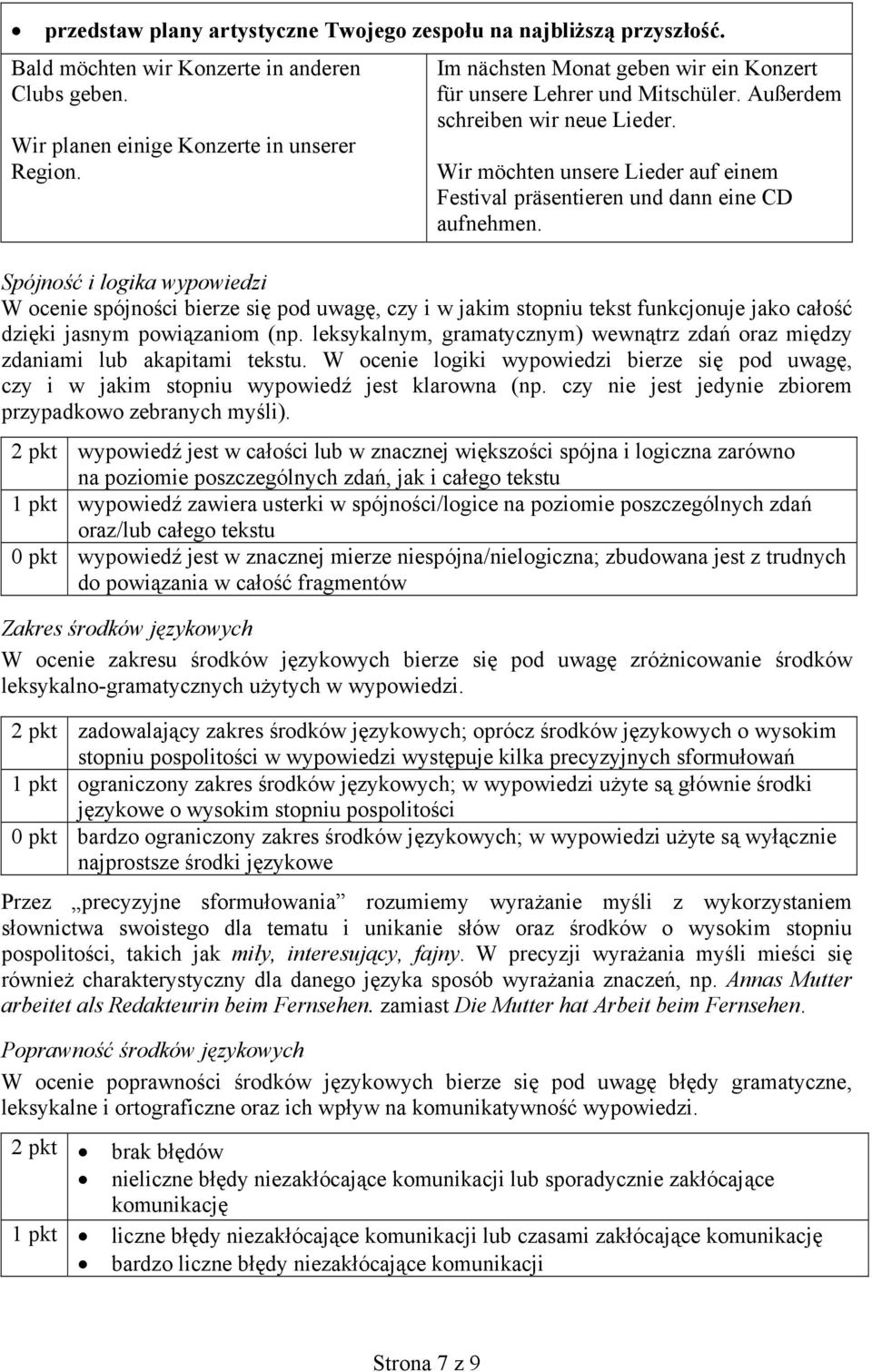 Spójność i logika wypowiedzi W ocenie spójności bierze się pod uwagę, czy i w jakim stopniu tekst funkcjonuje jako całość dzięki jasnym powiązaniom (np.