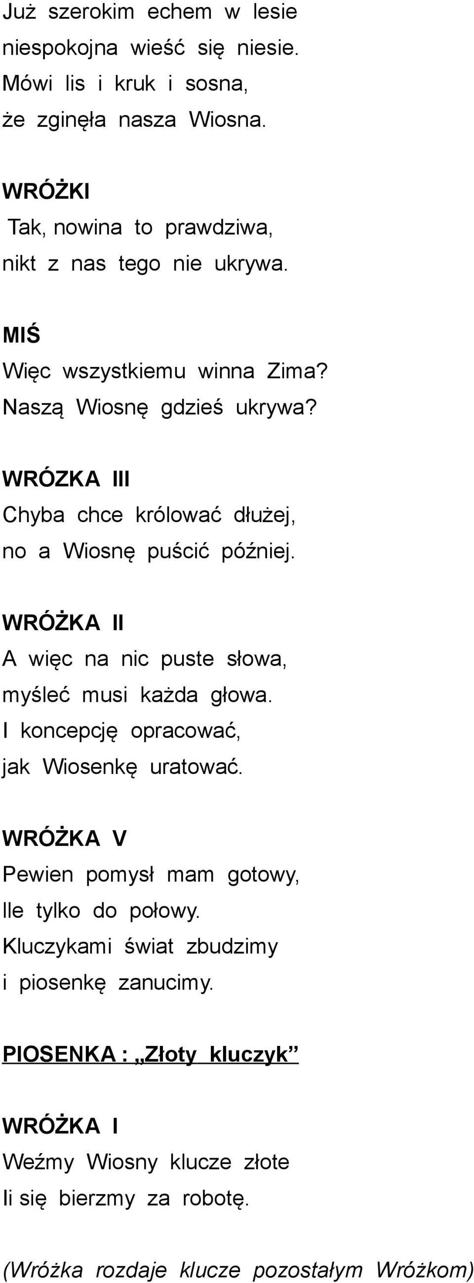 WRÓZKA III Chyba chce królować dłużej, no a Wiosnę puścić później. I A więc na nic puste słowa, myśleć musi każda głowa.