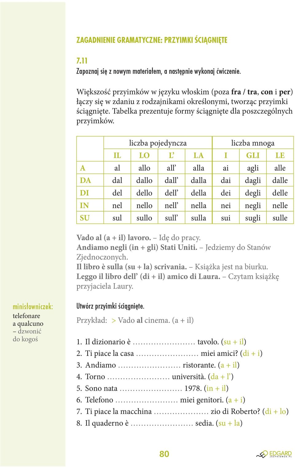 liczba pojedyncza liczba mnoga IL LO L LA I GLI LE A al allo all alla ai agli alle DA dal dallo dall dalla dai dagli dalle DI del dello dell della dei degli delle IN nel nello nell nella nei negli