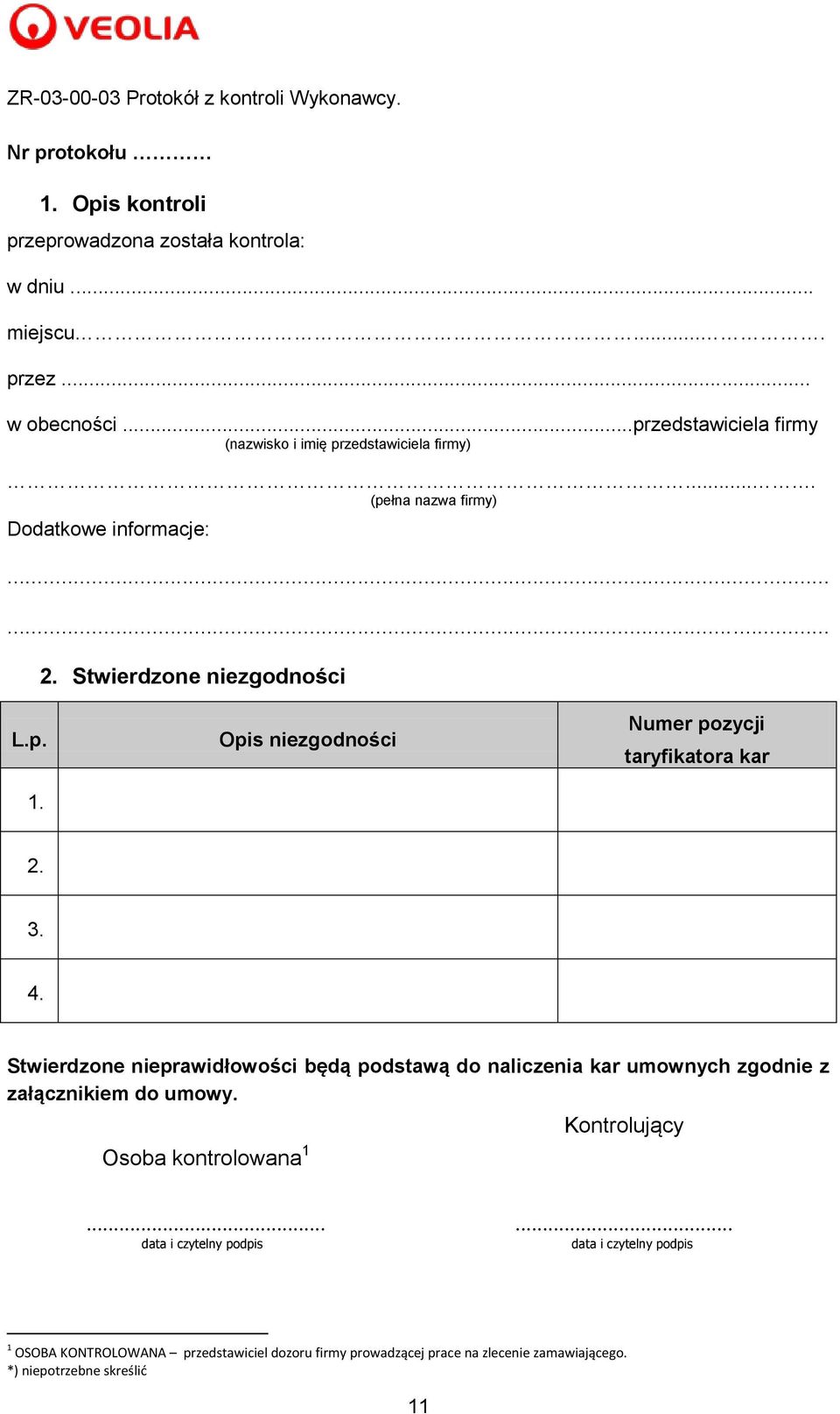 . 4. Stwierdzone nieprawidłowości będą podstawą do naliczenia kar umownych zgodnie z załącznikiem do umowy. Osoba kontrolowana Kontrolujący.