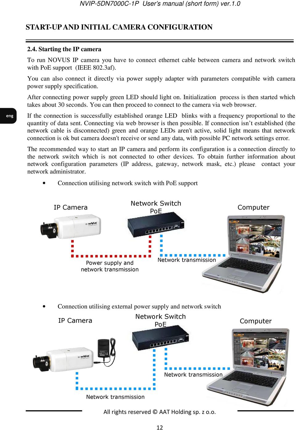 You can also connect it directly via power supply adapter with parameters compatible with camera power supply specification. After connecting power supply green LED should light on.