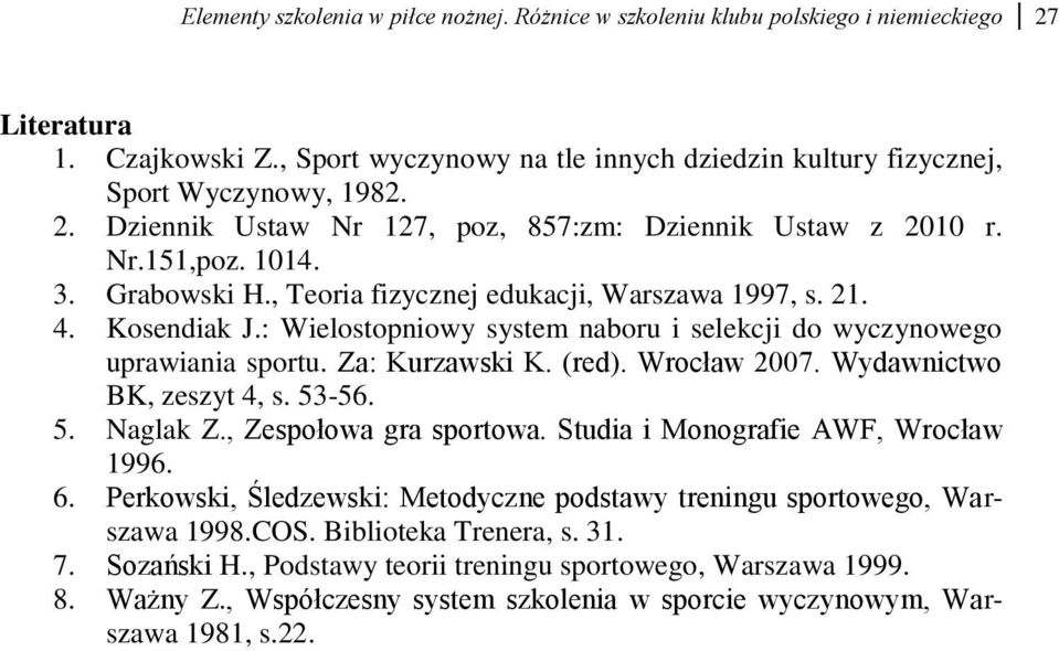: Wielostopniowy system naboru i selekcji do wyczynowego uprawiania sportu. Za: Kurzawski K. (red). Wrocław 2007. Wydawnictwo BK, zeszyt 4, s. 53-56. 5. Naglak Z., Zespołowa gra sportowa.