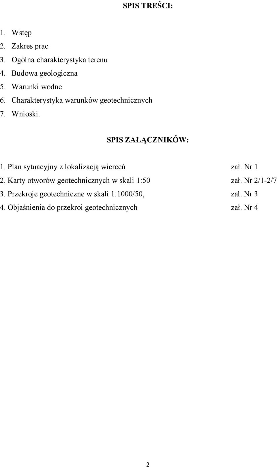 Plan sytuacyjny z lokalizacją wierceń zał. Nr 1 2. Karty otworów geotechnicznych w skali 1:50 zał.