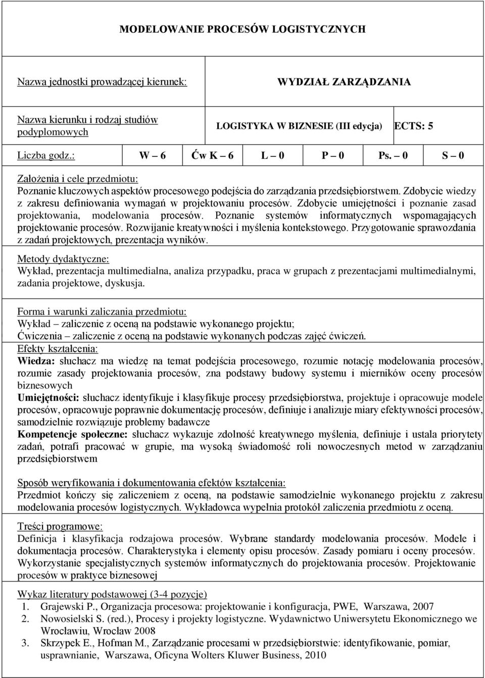 Zdobycie umiejętności i poznanie zasad projektowania, modelowania procesów. Poznanie systemów informatycznych wspomagających projektowanie procesów. Rozwijanie kreatywności i myślenia kontekstowego.